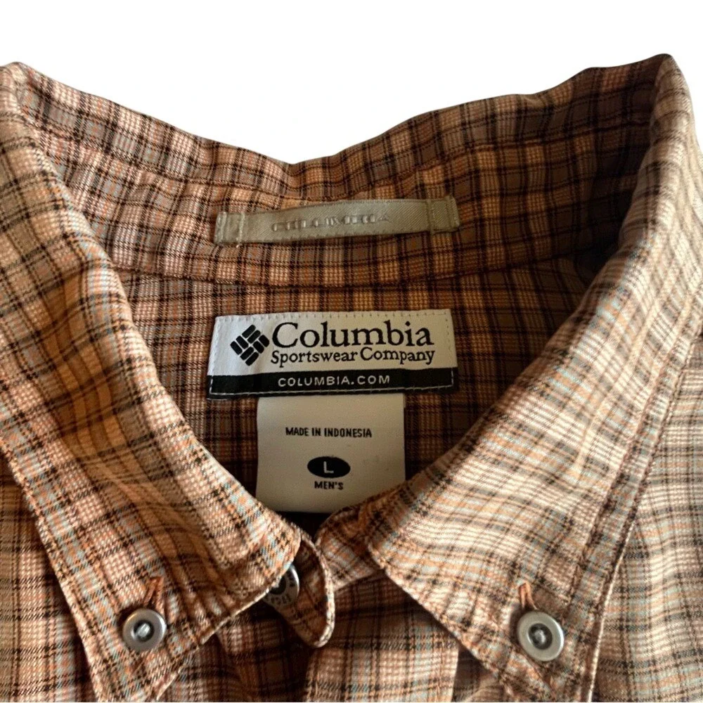 Columbia Mens Plaid Short Sleeve‎ Button Down Shirt Brown Tan Size Large L